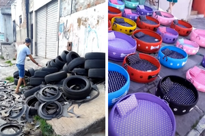 巴西藝術家將廢棄輪胎徹底翻新，為流浪貓狗打造五彩繽紛的家！